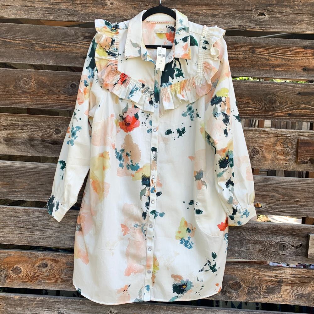 NEW Anthropologie Pilcro Shirt Dress Floral LongSleeve Ruffled Mini Size 1X Plus - Picture 8 of 10